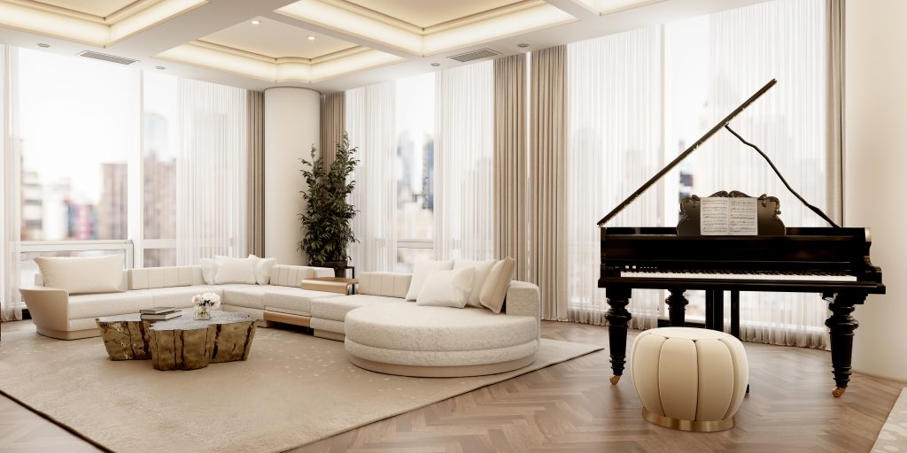clean living room with golden coffee table