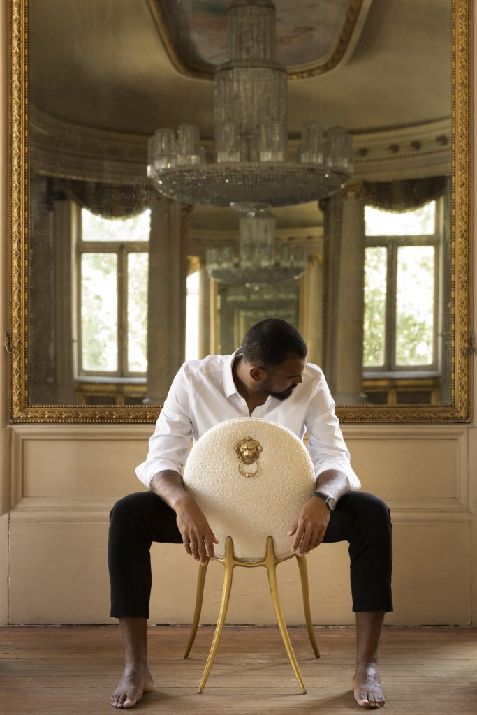 Intimate Luxury: Soleil dining chair with gold mate finishes and Ascot Nata fabrics.