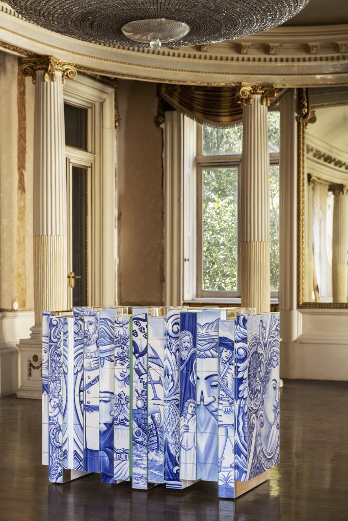 Intimate Luxury: Heritage Sideboard with Hand-painted tiles and gold interior.
