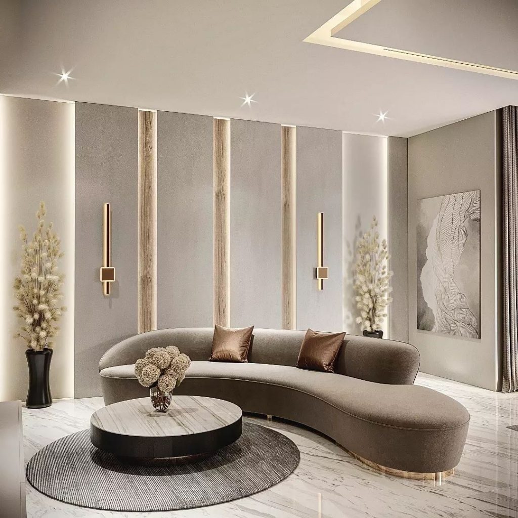 neutral iving room with dark beige in sofa