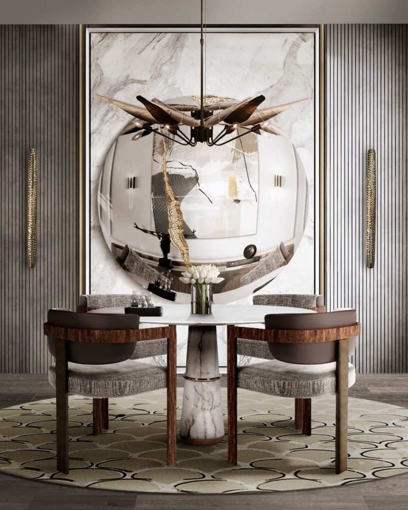 modern contemporary dining room with big round mirror