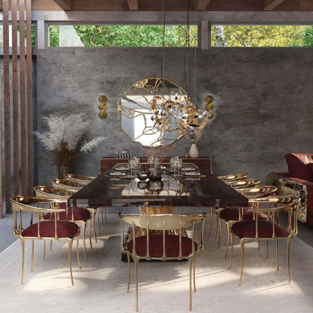contemporary dining room with gold and red dining chairs