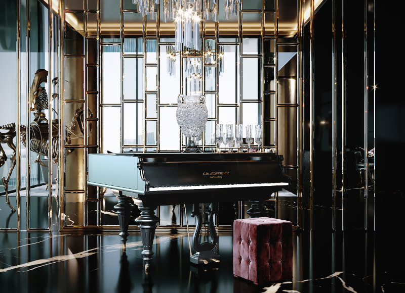 living area with dar tones and a piano