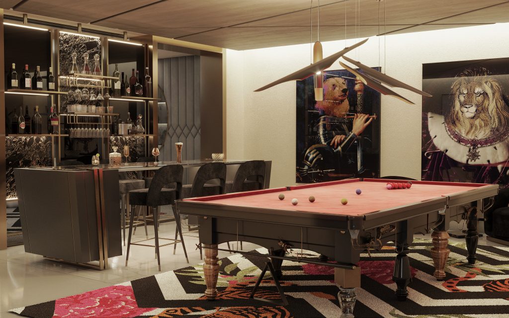Pepe Calderin - Game room in dark and red accents. A snooker table and a bar in dark tones with three bar stools.