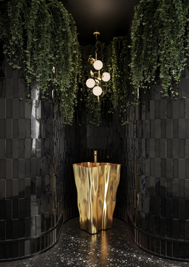 Gold Furniture- Luxury black bathroom, gold freestanding bathroom sink, pendant light