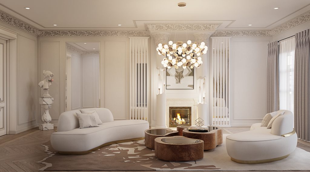 modern neutral living room with two beige curved sofas and a wood center table