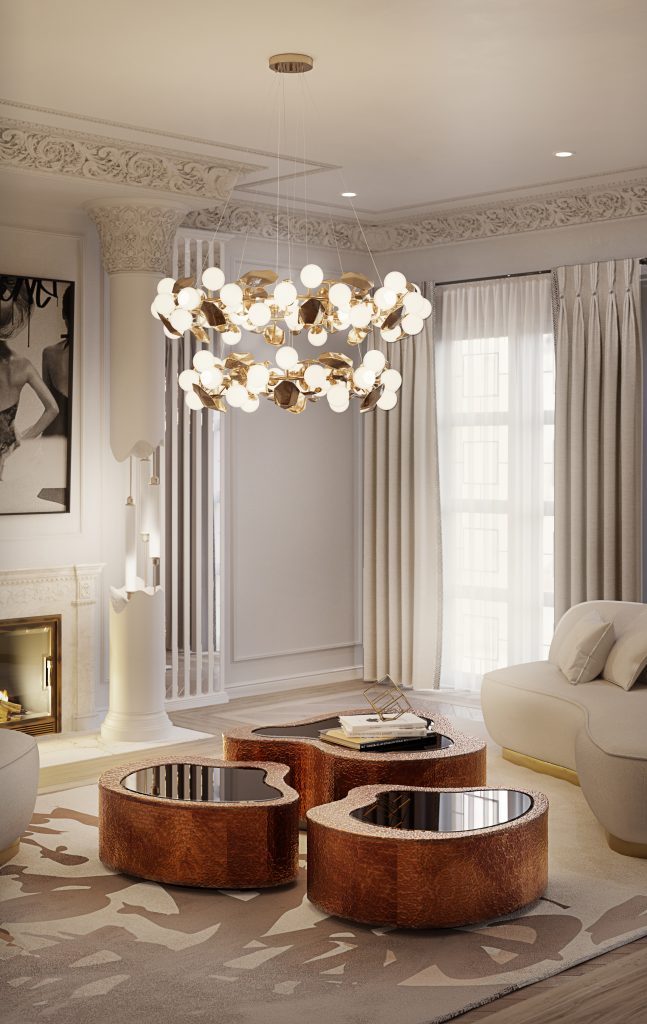 classic and modern living room with curvy center table, big suspension lamp and nude rug