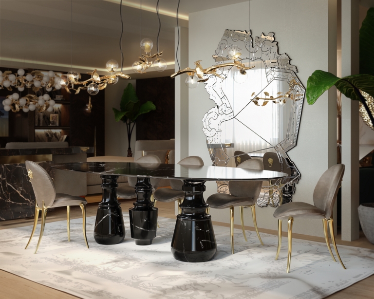 contemporray dining room with big mirror, black marble dining table that is ready to go improve your home