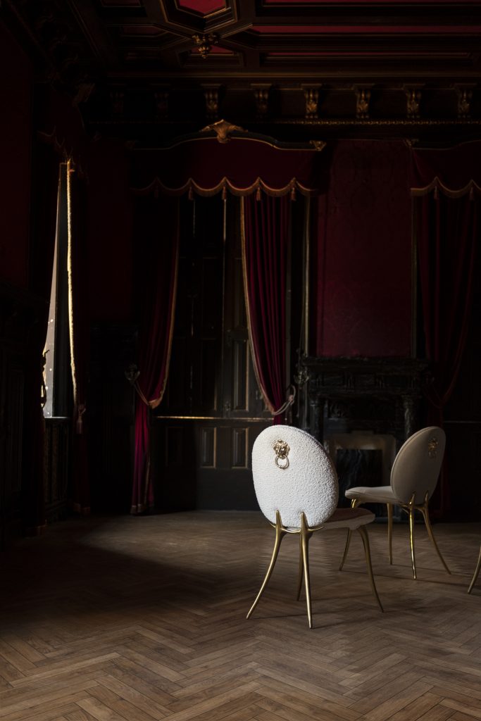 Intimate Luxury: Soleil dining chair with gold mate finishes and Ascot Nata fabrics.