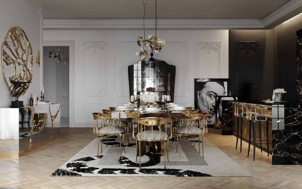 Gold Furniture- luxury dining room, gold dining chair, silver and gold sideboard