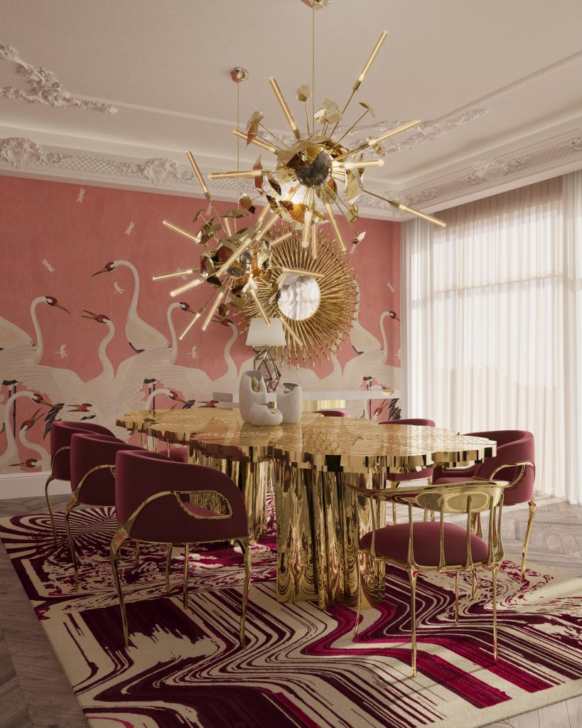 Gold Furniture-  pink dining room, gold dining table, pink dining chairs, gold chandeliers