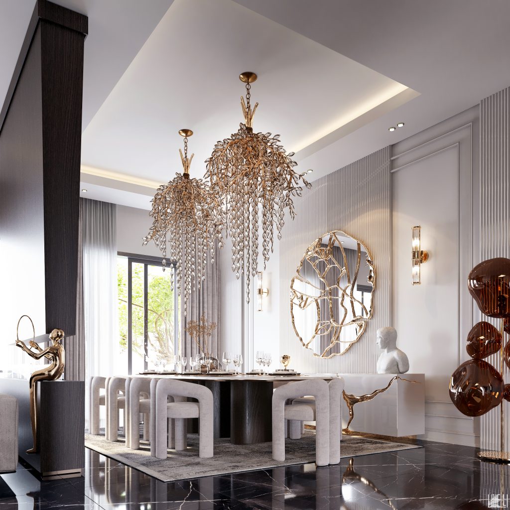 dark and neutral dining room with white sideboards design