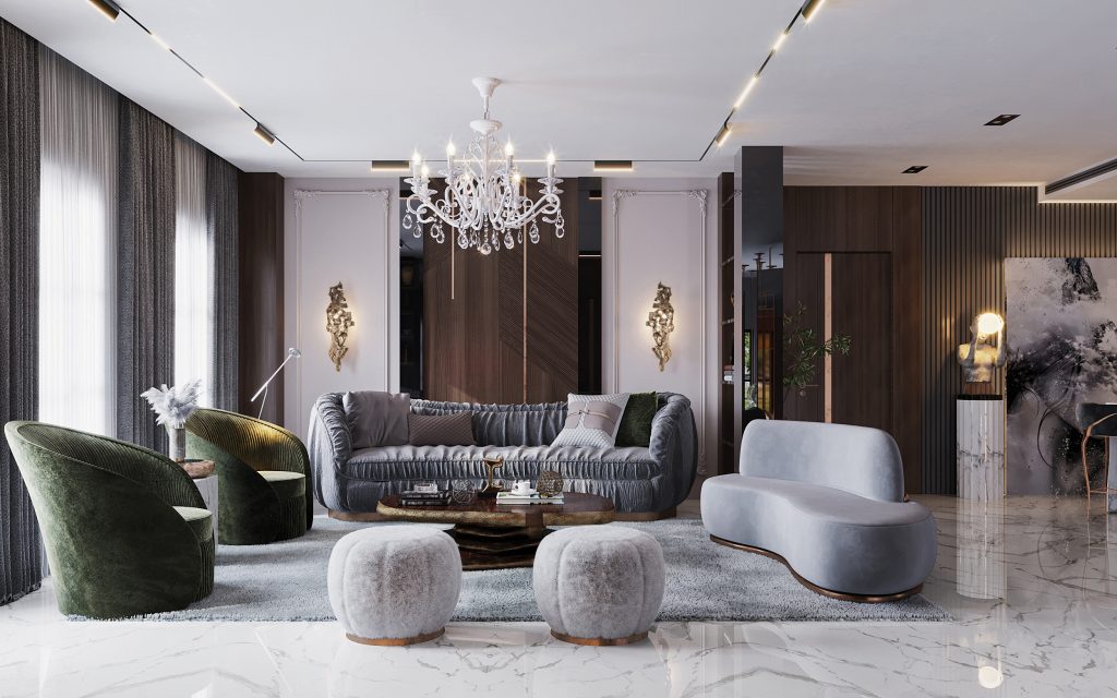 luxury houses -  luxury living room with two grey sofas, one curved, two grey armchairs and a center table