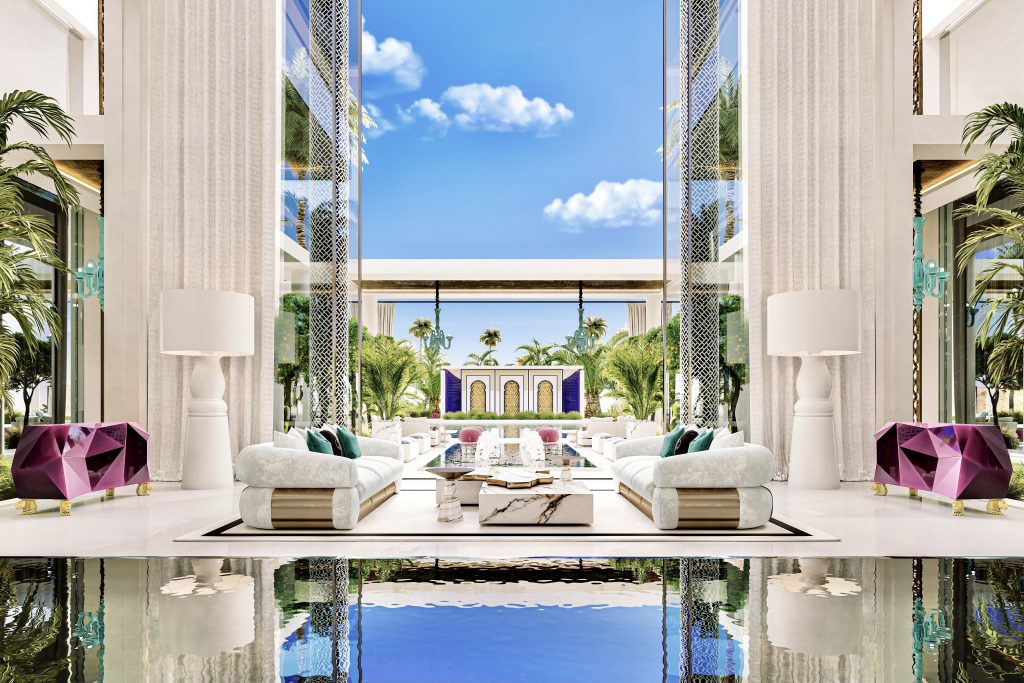 luxury houses - luxury saudi arabia project with a amethyst sideboard, a marble center table, white sofas
