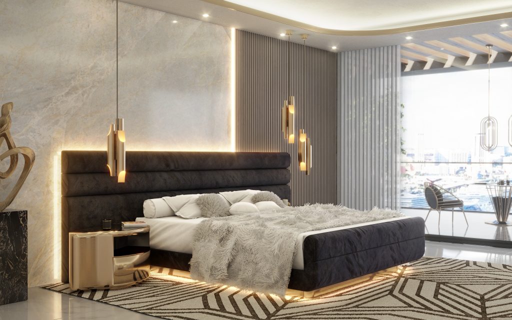Pepe Calderin - Bedroom in dark and golden accents, a golden nightstand, white walls and a black and white rug