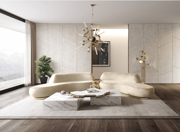 neutral living room with marble center table