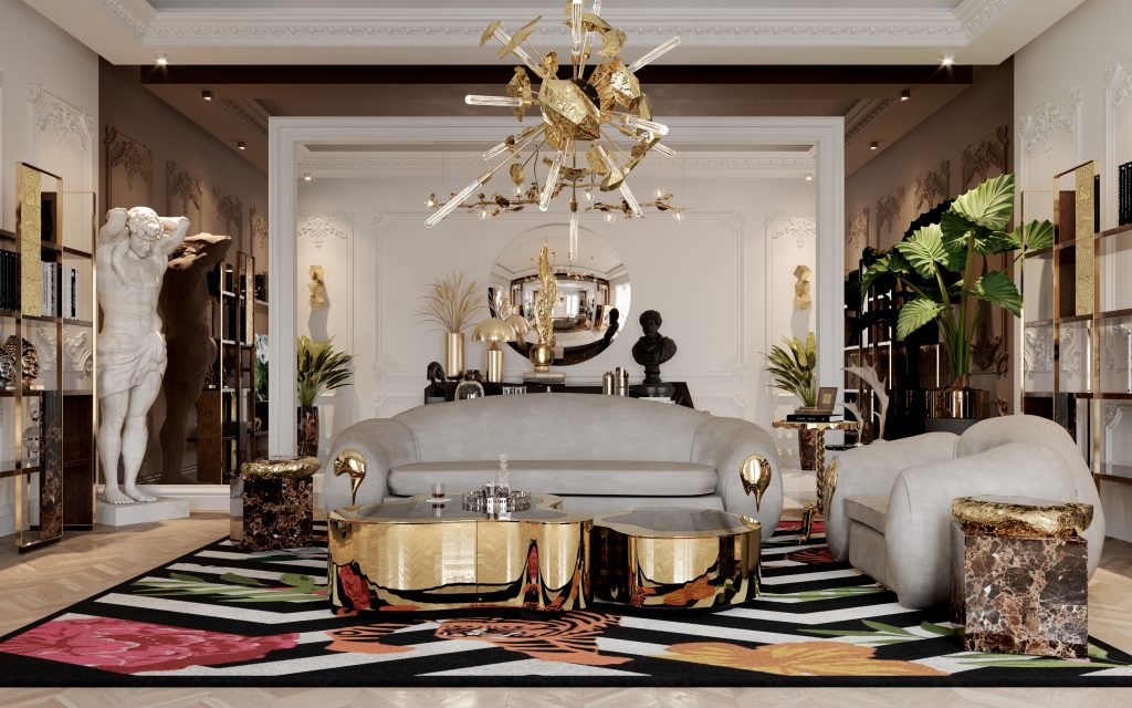 Luxury Living Room Sets - classic living room decor with modern grey sofa and armchair, colorful rug, golden center table and a luxurious suspension lamp.