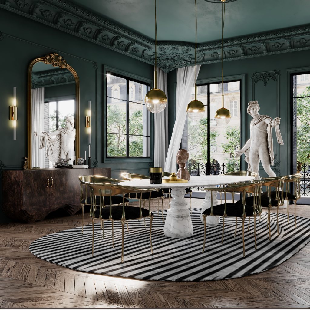 luxury houses - luxury dining room with marble dining table, golden chair with black seat, green wall