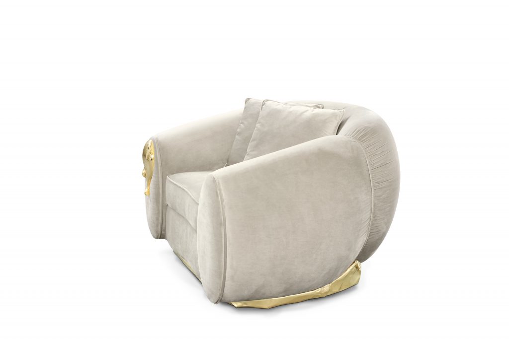 Luxury Living Room Sets - Soleil Armchair, very confortable and appeling armchair. Gold details on the base and in front.