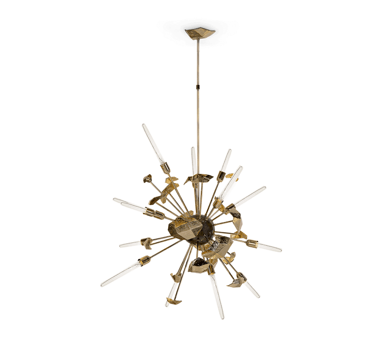 Luxury Living Room Sets - Gold detailed chandelier with the name of Supernova. Small pieces of gold brass to make a different type of chandelier.