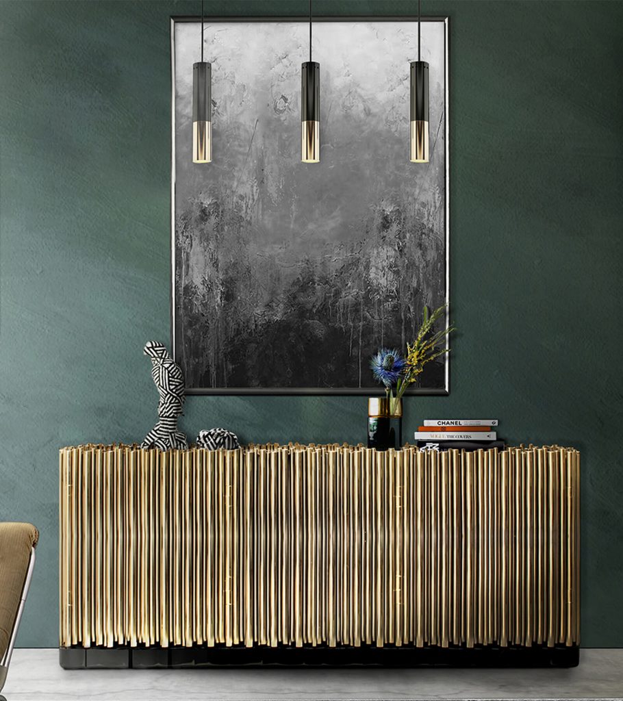 golden sideboards and a green wall