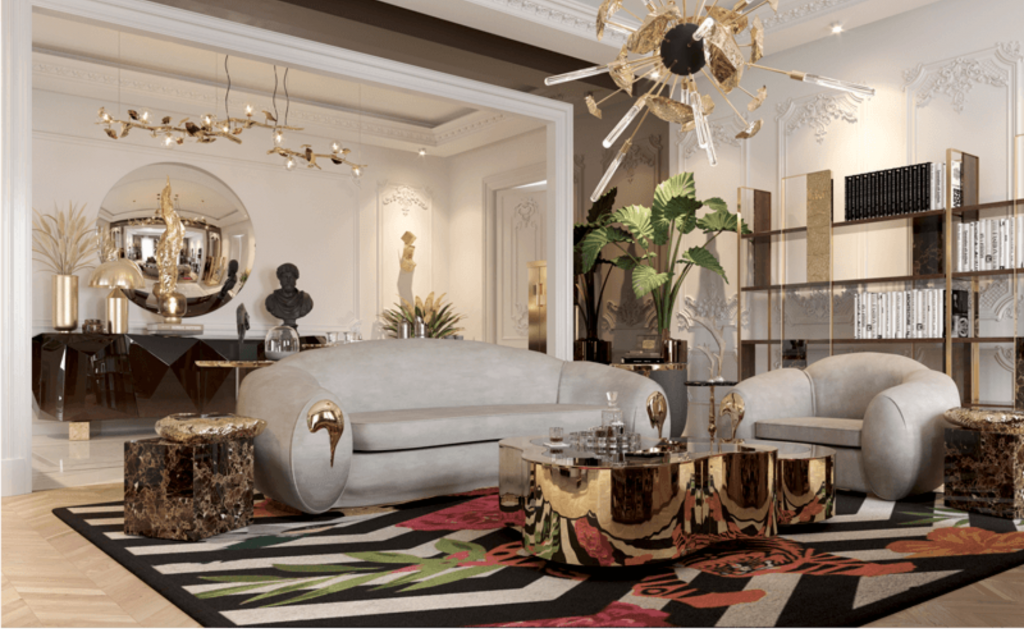 living room with golden coffee table and gey sofa