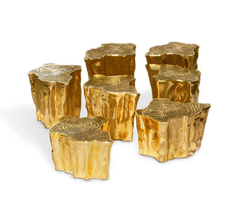 Luxury Living Room Sets - a set of 7 center tables in gold brass with a top designed as the tree of life