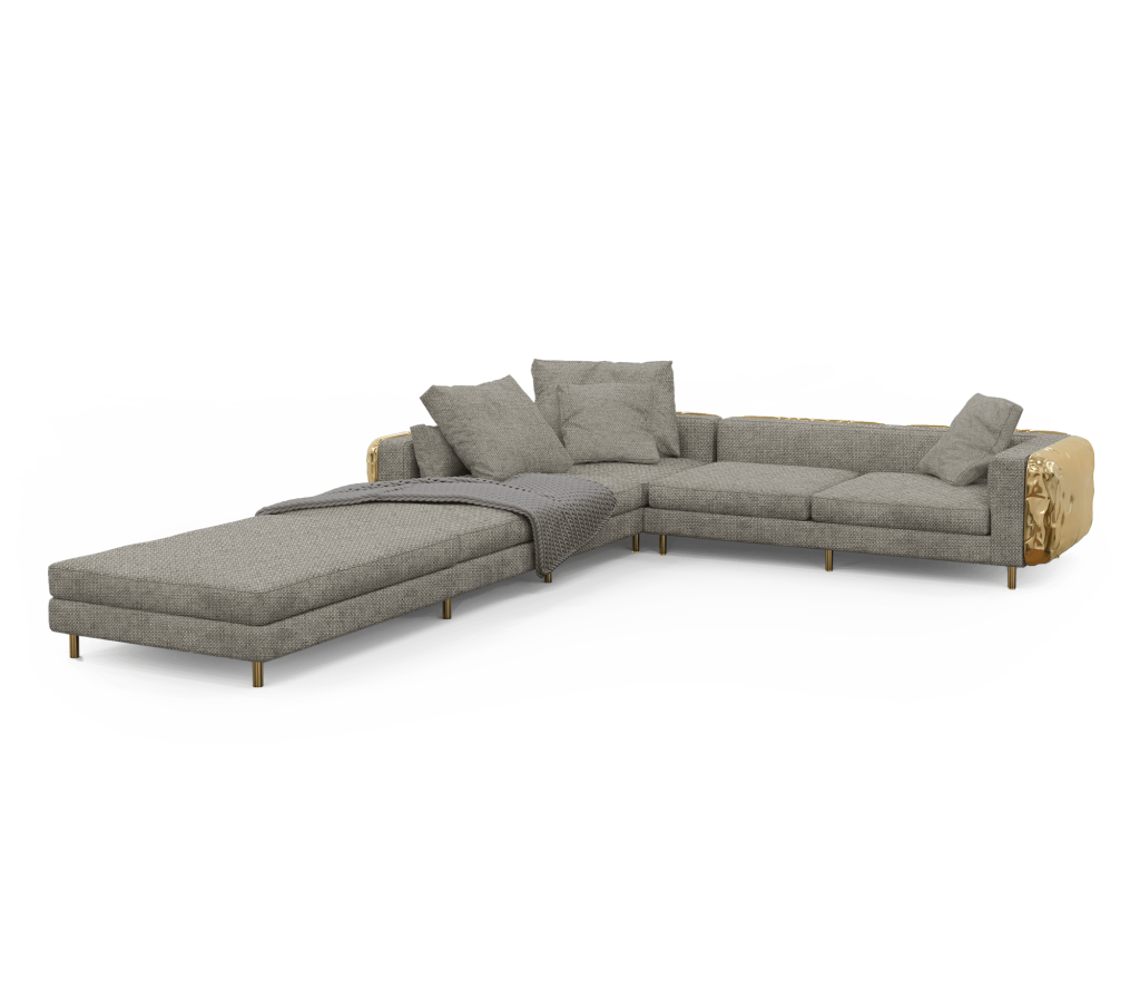 Luxury Living Room Sets - Modular sofa with hammered brass in gold on the back of the sofa. Simple yet impressive.