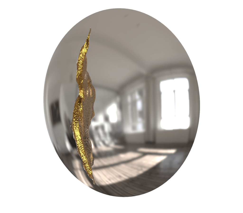 Luxury Living Room Sets - A concave mirror with a tear in gold finish almost in the middle of it.