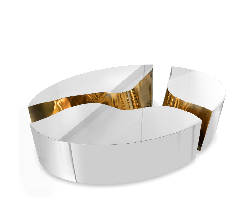 Sarah-Z-Designs - Oval Center Table in stainlees steel and gold. A center table that has three pieces.